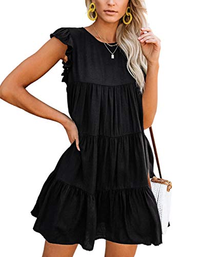 T1FE 1SFE Womens Summer Mini Dress Ruffle Short Sleeve Babydoll Casual Loose Tiered Flowy Pleated Dresses for Women Teen Girls Wedding Guest Black