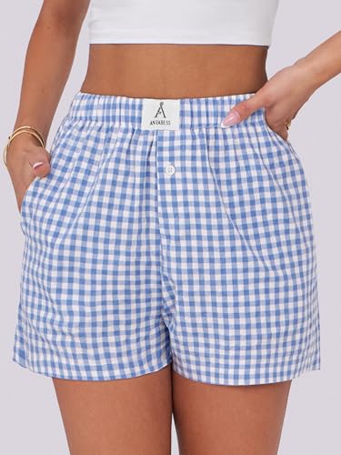 Image of ANRABESS Boxer Shorts for Women Gingham Pajama 2026 Summer Casual Lounge Sleep Plaid Shorts Y2K Beach Bottoms