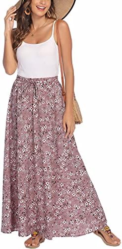 Bluetime Women Casual Summer Chiffon Flowy Floral Maxi Long Dress Boho Elastic Beach Cover Up Skirts (M, Floral13)