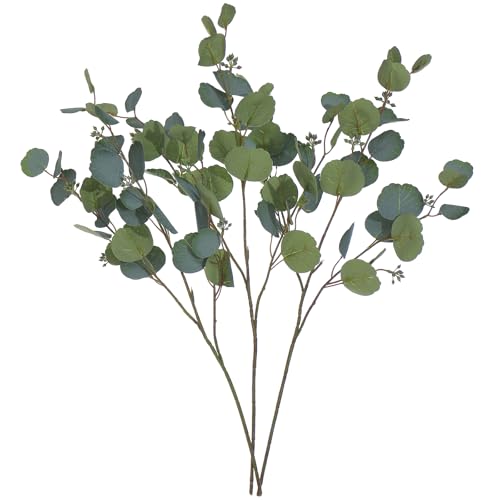 FuleHouzz 3 PCS 28" Artificial Eucalyptus Stems with Buds & Leaves, Green