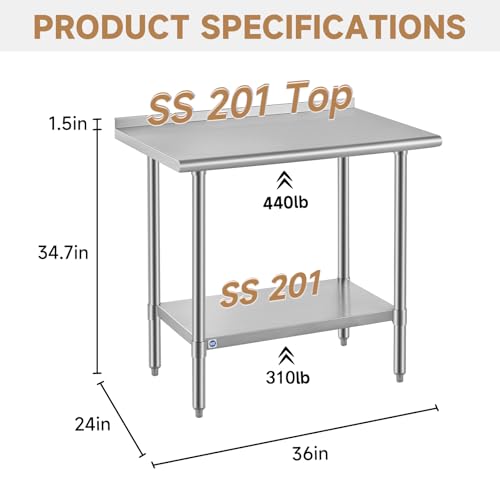 Image of ROCKPOINT All Stainless Steel Perp Table with Backsplash 24x36 Inch, Commercial Heavy Duty Table with Stainless Legs & Adjustable Undershelf, 750 lb Capacity for Restaurant,Home and Outdoor Kitchens