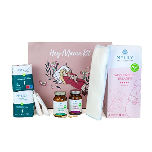 MYLILY® Hey Mama Kit I Mama Box dla kobiet w ciąży | wkładki do łóżka tygodniowego i akcesoria do łóżka tygodniowego I prezent dla przyszłej mamy I opracowany z położnymi | składniki odżywcze I z łóżkiem tygodniowym (Premium)