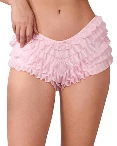 SHARICCA Womens Sexy Mesh Ruffle Panties Booty Boy Shorts Underwear Pink S/M