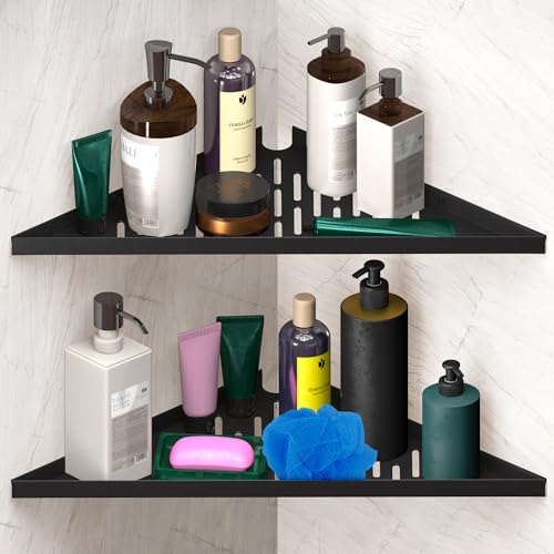 Bathroom Corner Shelves for Shower - Adhesive / Stick / Drill / No Drill - 16' Strong Black Floating Corner Shelf for Tiled Wall, Bathroom, Inside Shower Caddy, Shelf Wall Mount Triangular, Organizer