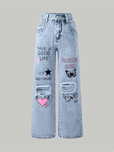 renvena Kids Girls Casual Denim Pants Letter Print Elastic Waistband Wide-Leg Jeans with Fashion Pockets3