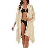 Women Beach Cover Up Button Down Shirts Summer Gauze Tops Casual Long Sleeve V Neck Blouse Lightweight Bikini Swimsuit Beige
