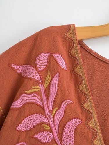 Image of Joiemont Womens Oversized Embroidered Dress with V-Neck and 3 /4 Sleeves Vintage Embroidery Babydoll Dress