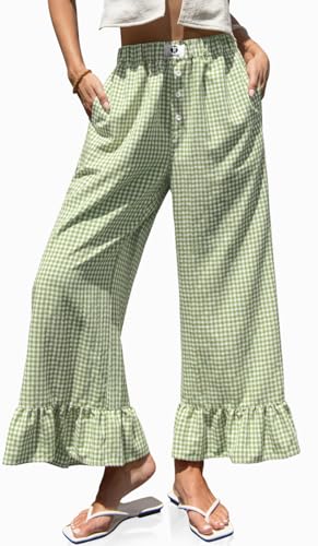 TARSE Womens Gingham Wide Leg Pants High Waist Ruffle Hem Trousers