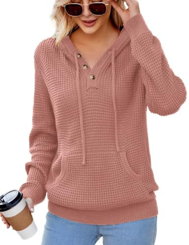 Image of VIMPUNEC Womens Fall Hoodie Sweater Long Sleeve Hooded Top with Pocket | V Neck, Button, Adjustable Drawstring, Waffle Knit, Loose Fit, Ribbed, Kangaroo Pocket