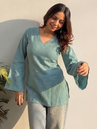 Image of ANNI Designer Short Kurti for Women Solid Design | V Neck Full Sleeve Kurti Tops for Women | Stylish Kurtis & Short Kurtis for Woman | Casual Kurti with Jeans | Kurtas for Woman
