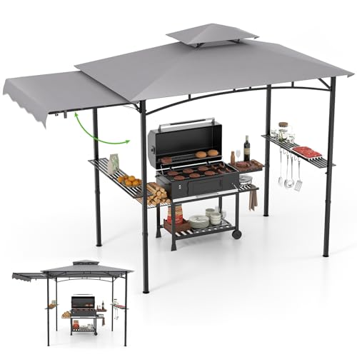 RELAX4LIFE Tonnelle Barbecue Exterieur avec Auvent Réglable | Auvent Abri Barbecue | 2 Tablettes de Service | Crochets | Ouvre-Bouteille | Tonnelle de Jardin Exterieur pour Terrasse Patio