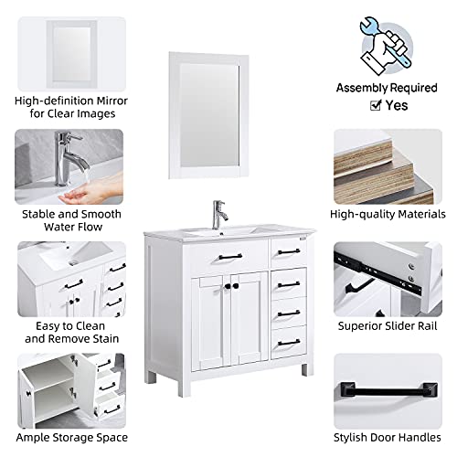 Wonline 36" Bathroom Vanity And Sink Combo Cabinet Undermount Ceramic Vessel Sink Chrome Faucet Drain With Mirror Vanities Set #TOP2