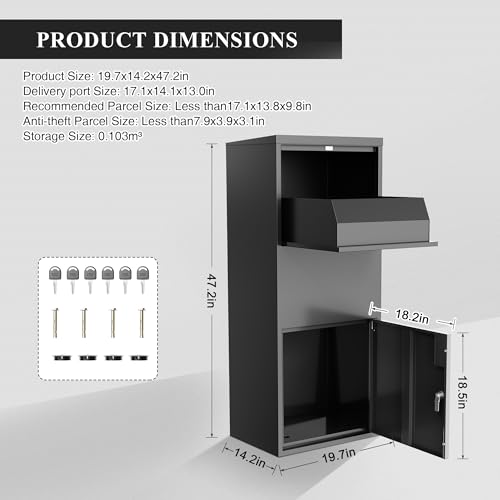 Image of Merapi Pre-Assembled Package Delivery Box, No-Install Parcel Drop Box, Weatherproof Anti-Theft Steel Design (Cast Iron Black)