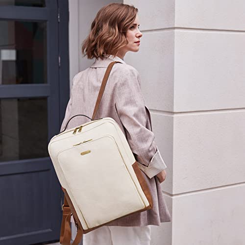 Cluci Leather Laptop Backpack For Women 15.6 Inch Computer Bag Large Travel Vintage Daypack Business Bags Off-White With Brown #TOP1