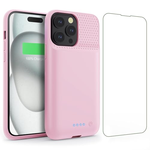 Feob Battery Case for iPhone 15Pro (6.1Inch) Real 7500mAh Ultra Slim Portable & 15W Fast Charging Rechargeable Protective Extended Charger Case Cover Only for iPhone 15Pro Charging Case-Pink