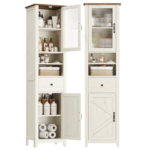 VASAGLE LIRY Collection - Armoire Salle de Bain Style Campagne, Meuble de Rangement Mince, Compartiments Ouverts, 1 Tiroir, avec Portes, Blanc Rustique et...