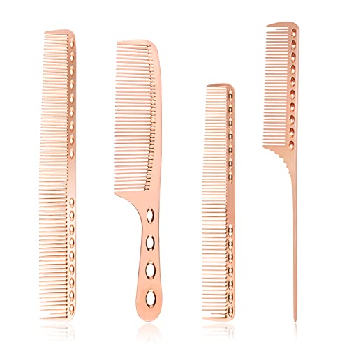 4 Types Metal Comb Set Professional Aluminum Dressing Comb Hair Comb Set For Barber Hair Styling, Included Fine Cutting Comb, Rat Tail Comb, Detangling Comb, Handle Comb - Rose Gold #TOP5