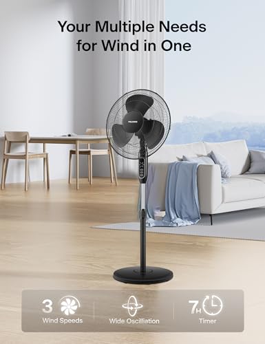 Image of PELONIS 16'' Pedestal Fan for Bedoom with Remote, Upgraded, Standing Fan with 7-Hour Timer, 90 Oscillation, 3-Speeds, Adjustable Height, Electric Cooling Fans for Living Room and Office