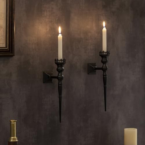 WOPARTY Gothic Wall Sconce Candle Holder for Taper Candles (Set of 2) Black Iron Crown and Scepter Design Victorian Wall Decor for Living Room, Bathroom,Dining Room
