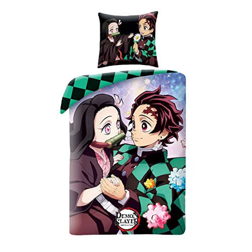 Elbenwald Bettwäsche - Verschiedene Anime Motive mit Reißverschluss Unisex Decke 135 x 200 cm, Kissen 80 x 80 cm Baumwolle Mehrfarbig (Demon Slayer - Nezuko und Tanjiro)