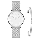 Damen Uhren Analog Quarz Edelstahl Wasserdicht Mesh Ultradünne Set mit Armreif – Bild 2