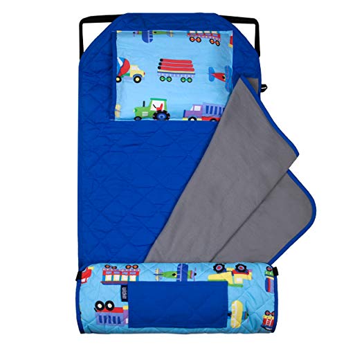 Image of Wildkin Modern Kids Nap Mat with Pillow for Boys - Cotton Blend, Elastic Straps, Sleep Mat for Daycare, Preschool, Kindergarten & Travel, Ages 3-7, Machine Washable - Trains, Planes, and Trucks