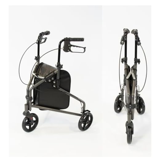 NRS Healthcare 3 Wheel Steel Rollator Walking Aid with Bag & Lockable Brakes, Folding & Height Adjustable – Grey