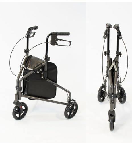 NRS 3 Wheel Steel Rollator Walking Aid with Bag & Lockable Brakes Folding & Height Adjustable Grey