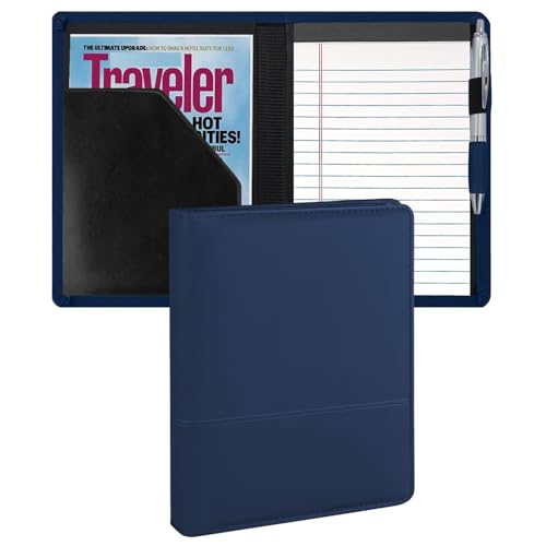 Euousu A5 Padfolio Business Portfolio Folder,Junior Size Document Folder Organizer, Padfolio with Interior Pocket and Pen Loop, 5 x 8 Writing Pad Included, Navy Blue.