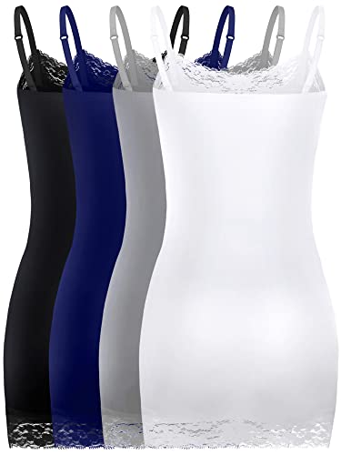 Bencailor 4 Pack Women's Long Tank Tops, Lace Camisole Neck Cami Adjustable Spaghetti Strap Undershirts for Women3