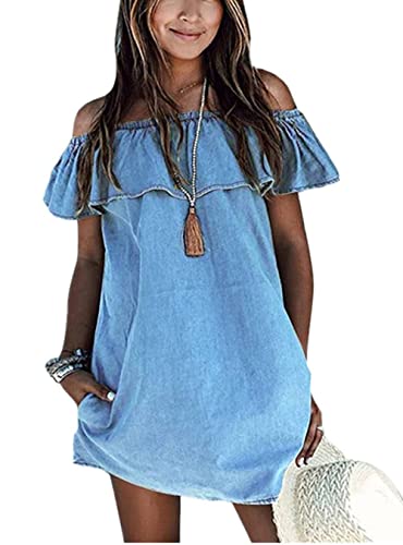 Image of Women's Blue Jean Dress Off Shoulder Ruffle Short Sleeve Loose Denim Mini Dress with Pocket
