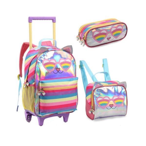 Kit Mochila Escolar Com Rodinhas Gatinho para Menina Feminina Brilhante e Colorido