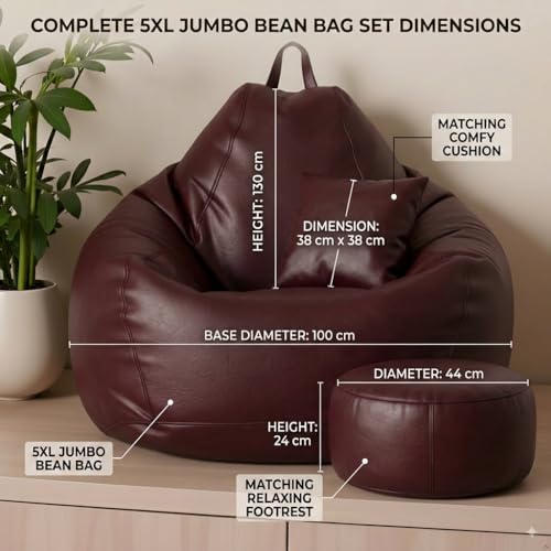 Image of KAM'S LIEU Bean Bag Chair with Footrest & Cushion | Pre-Filled Beans | PVC Leatherette Lounger Sofa | Indoor & Outdoor Bean Bag | 6 Months Warranty Size & Color- (Maroon, XXXXXL, Premium)