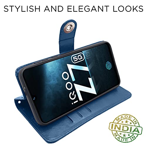 Image of Pikkme iQOO Z7 5G / iQOO Z7s 5G Flip Cover Leather Finish | Inside TPU with Card Pockets | Wallet Stand and Shock Proof | Complete Protection Button Flip Case (Blue)