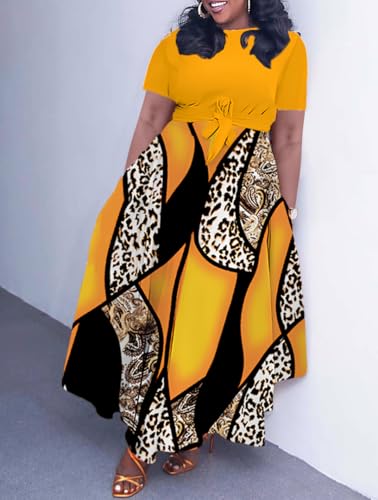 Image of Hostoyo Women Plus Size Formal A Line Maxi Dress Self Tie Waist with Pockets Elegant Round Neck Swing Long Dresses