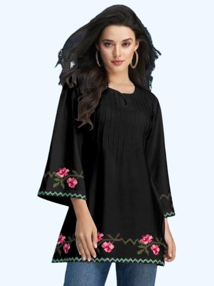 Women's Floral Embroidered Tunic Top, Grey-Purple, Long Sleeves, ...