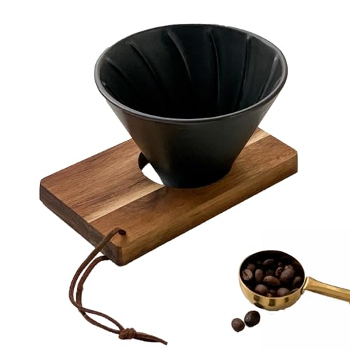 V60 Pour Over Coffee Dripper with Spiral Rib Design Heat-Resistant Manual Ceramic Filter Walnut Base & 25mm Wide Spout Portable Coffee Maker for Hand Brewed Coffee Home Office Camping