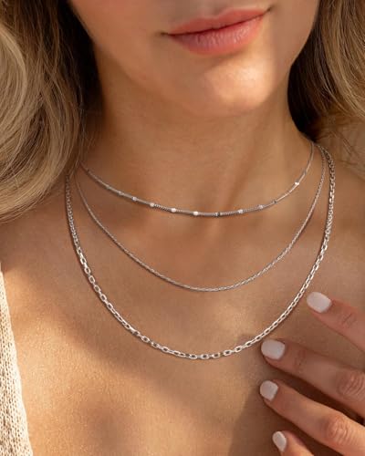 Layered Herringbone Necklaces for Women Adjustable Double-Layer Asymmetrical Heart Design Dainty Snake Silver Chain Paperclip Box Choker Necklace 16/19+2" Jewelry Set Gift for Her Girlfriend Wife4