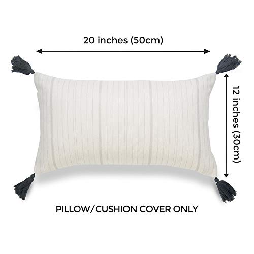 Hofdeco Neutral Decorative Lumbar Throw Pillow Cover Only, For Couch, Sofa, Or Bed, Gray Stripe Tassel, 12"X20" #TOP1