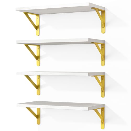 Fixwal White Shelves Wood Wall Floating Mounted Shelves for Bedroom Bathroom Living Room Kitchen Storage and Decor(White Set of 4 16.5 Inch)