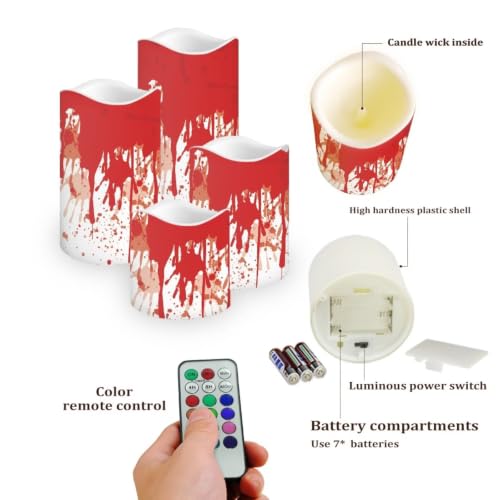Image of Blood Splatter Flameless Candles Set of 4 with Remote Control | Halloween LED Flameless Candle Set with Timer, Battery Operated Fake Candles for Kitchen Room Home Decor