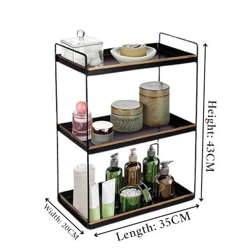 Image of Niyara Iron Metal Heavy Duty Stand Multistorage /Multipurpose Standing Rack, Bathroom Countertop Storage Shelf Cosmetic Organizer Holder Kitchen Spice Rack (3-Tier black with gold)