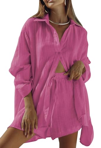 Image of Fixmatti Women 2 Piece Outfits Long Sleeve Button Down Blouse and Shorts Sweatsuit Sets