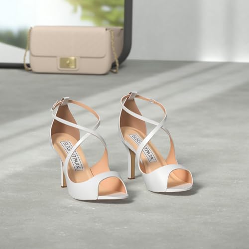 Image of ELEGANTPARK Peep Toe Strappy Heels for Women Satin Wedding Dress Sandals | Adjustable Cross Strap, 3.5 Inch High Heel Peep Toe Shoes for Bride, Wedding Guests, Bridesmaid, Formal, Prom, Evening Party