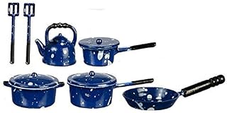 Melody Jane Dolls House Blue Spot Saucepan Pan Set & Kettle Kitchen Accessory