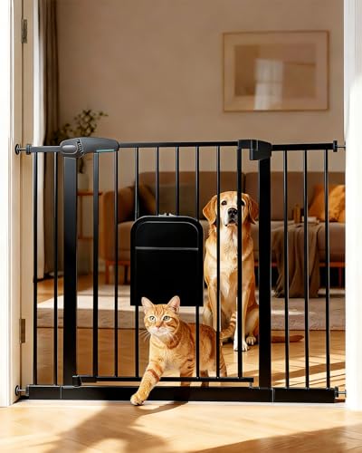 Pet Gate with Adjustable Cat Door, 31–46 Inch Pressure Mounted Dog Gate for Doorways, Stairs and Hallways, Auto Close Walk Through Metal Gate, No Drilling, Black - Image 3