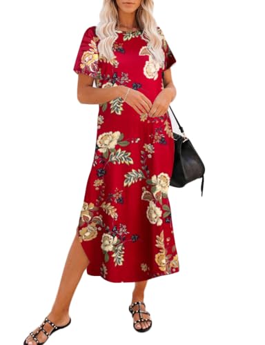 Naggoo Women's Short Sleeve Split Maxi Dress Casual Plain Tie Dye Print Tshirt Long Dresses with Pockets Red Floral