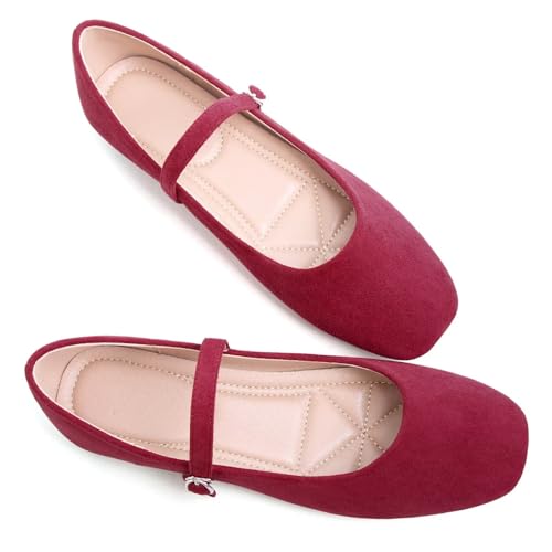 Stunner Women's Mary Jane Ballet Flats Fashion Square Toe Ankle Strap Flats Comfortable Casual Slip On Dress Shoes Wine red 38(7) 2 6