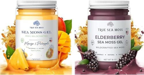 TrueSeaMoss Wildcrafted Irish Sea Moss Gel Mango and Elderberry Bundle - Made with Dried Seaweed - Seamoss (Pack of 2)