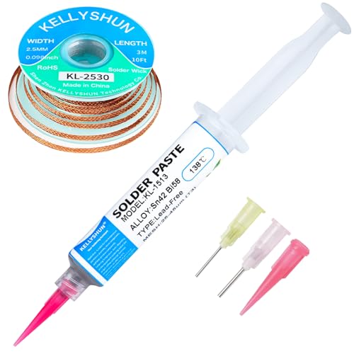 KELLYSHUN Pâte À Souder Sn42% Bi58%, Pâte À Souder Sans Plomb À 138°C 30g (1 Pièce), Tresse à Dessouder 2.5MM/3M (1 Pièce), Convient Aux Téléphones Mobiles, BGA, SMD, PCB, Réparation Électronique